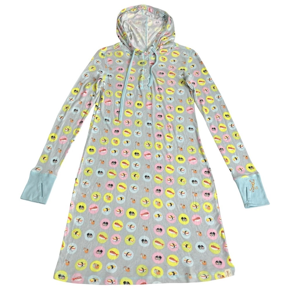 Munki Munki Sleep Shirt Womens M Sushi Print Bamboo Hooded Henley Kawaii Kitsch